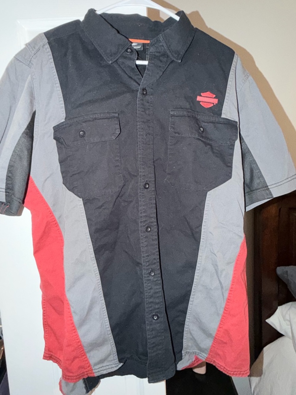 Harley-Davidson Black, Gray & Red Short Sleeve Button-Down Shirt